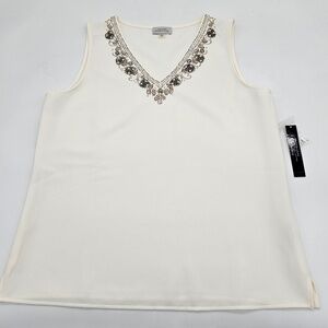 NWT Tahari (Arthur S. Levine) Ivory Beaded Tank Top V-Neck Medium
